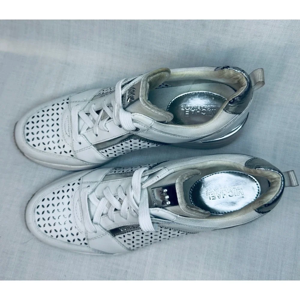 Michael Kors Georgie White Silver Laser Cut Wedge Sneakers Fashion Trainers
